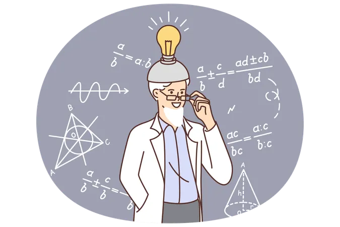 Elderly scientist standing near blackboard with scientific formulas with invention countries on head  Illustration