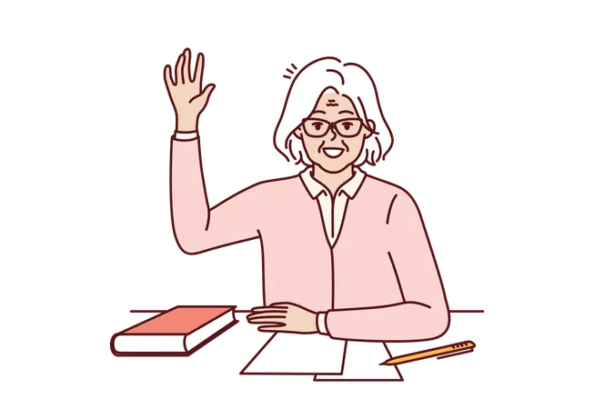 Happy Elderly Woman Student Sits At School Desk With Book And Raises Hand Up Wanting To Ask Question To Teacher Viable Positive Pensioner Student Getting Education After Retirement Illustration