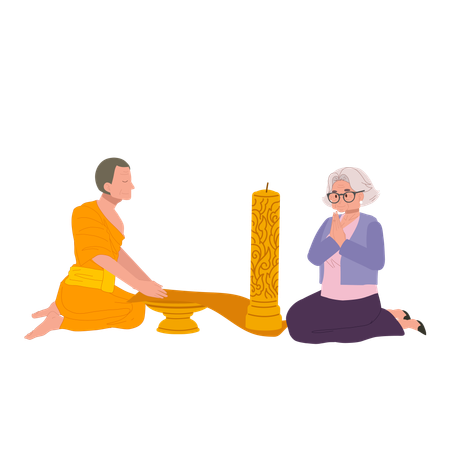 Elderly Thai woman offering candle to monk on Buddhist Lent Day  Illustration