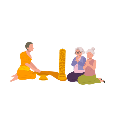 Elderly Thai woman offering candle to monk on Buddhist Lent Day  Illustration