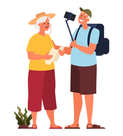 Elderly tourist taking selfie  Illustration