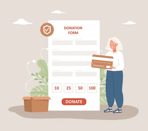 Elderly volunteer woman donating money and paying with credit card  Illustration