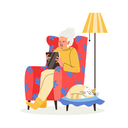 Elderly woman adapting to new technologies  Illustration