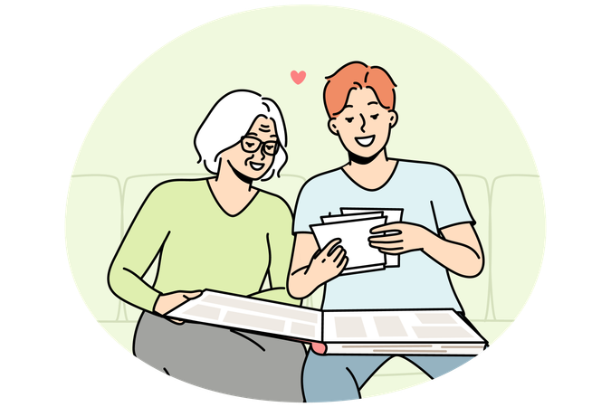 Elderly woman and son looking at old photos  Illustration