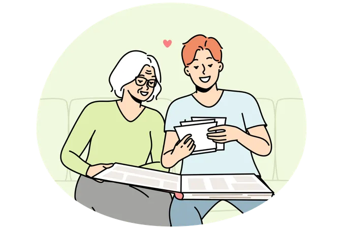 Elderly woman and son looking at old photos  Illustration