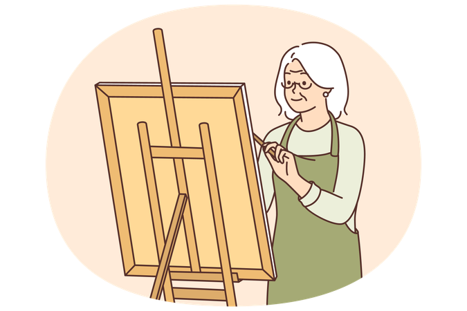 Elderly woman artist stands near easel and draws picture enjoying creative hobby after retiring  Illustration