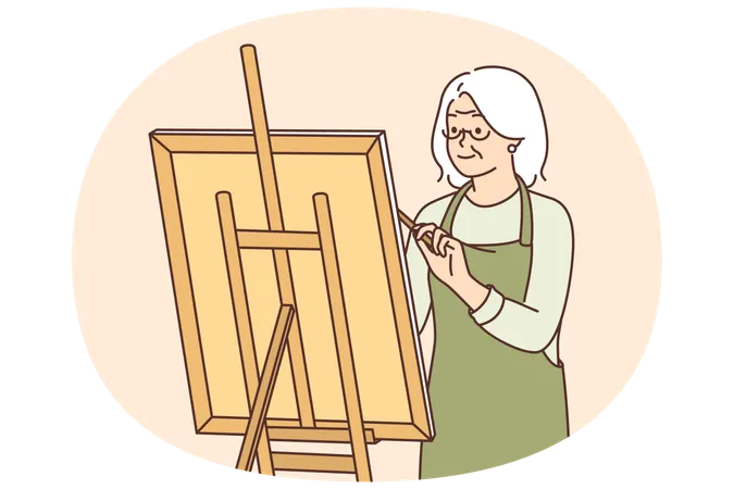 Elderly woman artist stands near easel and draws picture enjoying creative hobby after retiring  Illustration