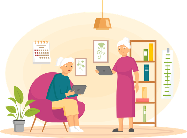 Elderly woman attending call from home  Illustration