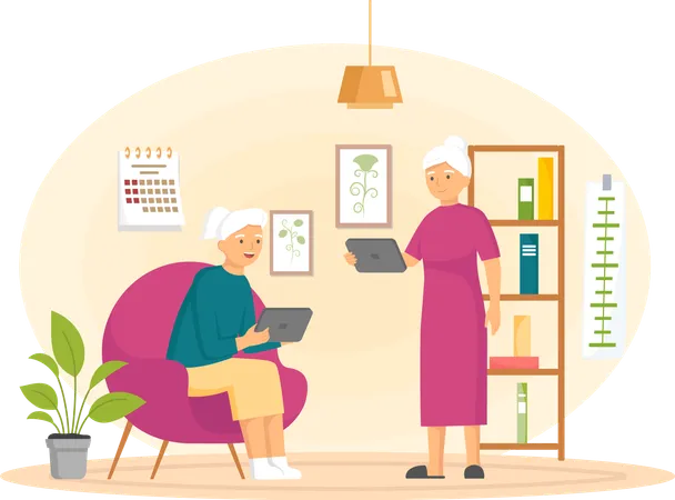 Elderly woman attending call from home  Illustration