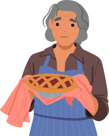 Elderly Grey Haired Woman A Loving Granny Smiles Warmly While Holding A Freshly Baked Cake In Her Hands Radiating The Warmth Of Tradition And Family Cartoon Vector Illustration Illustration
