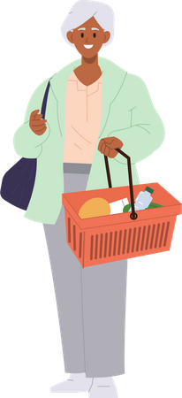 Elderly woman carrying shopping basket  Illustration