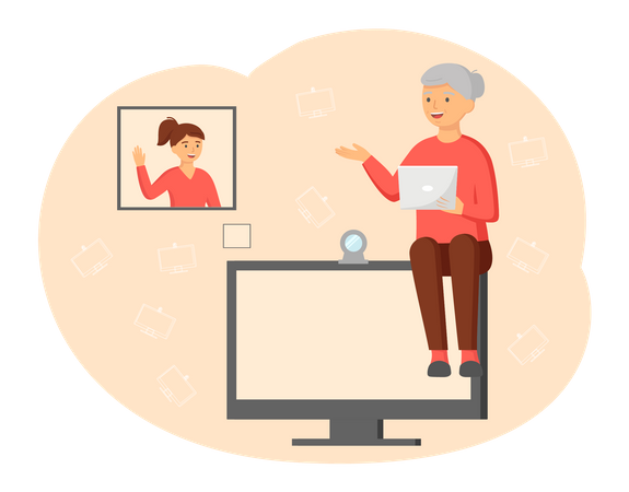 Elderly Woman chatting with daughter on video call Illustration