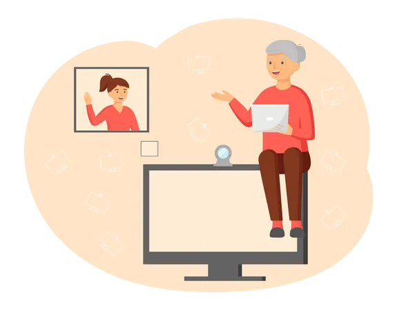 Elderly Woman chatting with daughter on video call Illustration