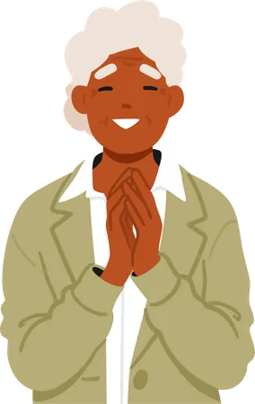 Old Female Character Praying Black Elderly Woman Eyes Closed In Devotion Palms Pressed Together In Prayer Wrinkles On Serene Face Seeking Solace And Guidance Cartoon People Vector Illustration Illustration