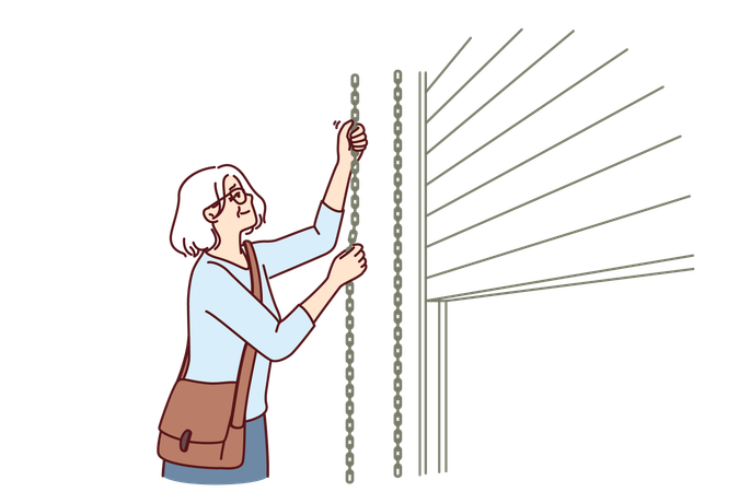 Elderly woman closes shop curtains  일러스트레이션