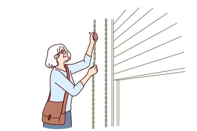 Elderly woman closes shop curtains  Illustration