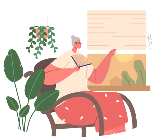 Elderly Woman Combats Heat Indoors With A Hand Fan And Opens A Window For Fresh Air Old Female Character Seeking Relief From The Sweltering Conditions Cartoon People Vector Illustration Illustration