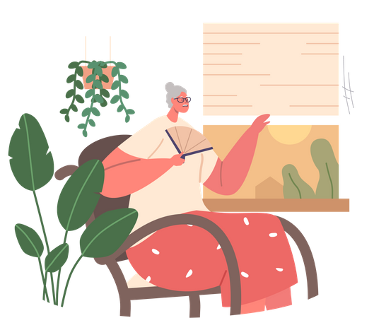 Elderly Woman Combats Heat Indoor  Illustration