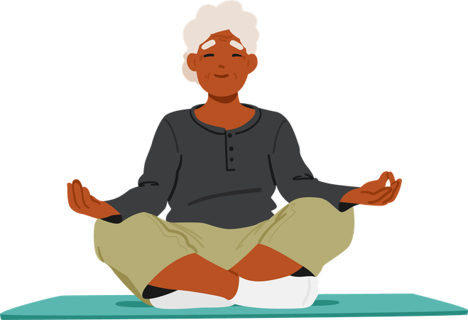 Elderly Woman Comfortably Seated In Lotus Position On Yoga Mat  Illustration