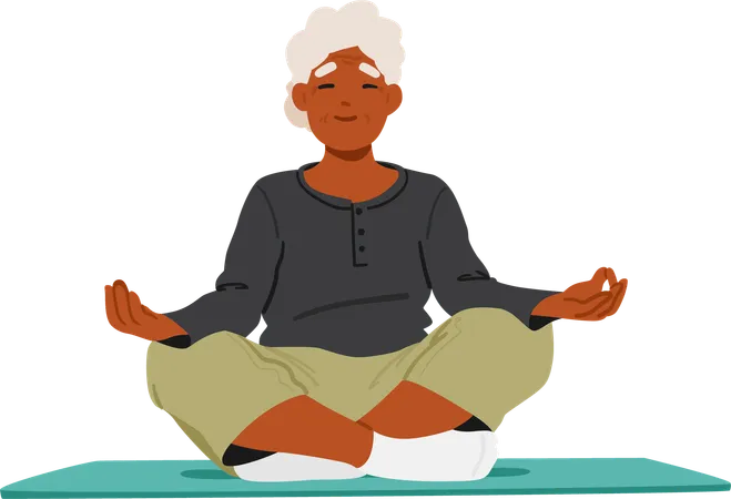 Elderly Woman Comfortably Seated In Lotus Position On Yoga Mat  Illustration