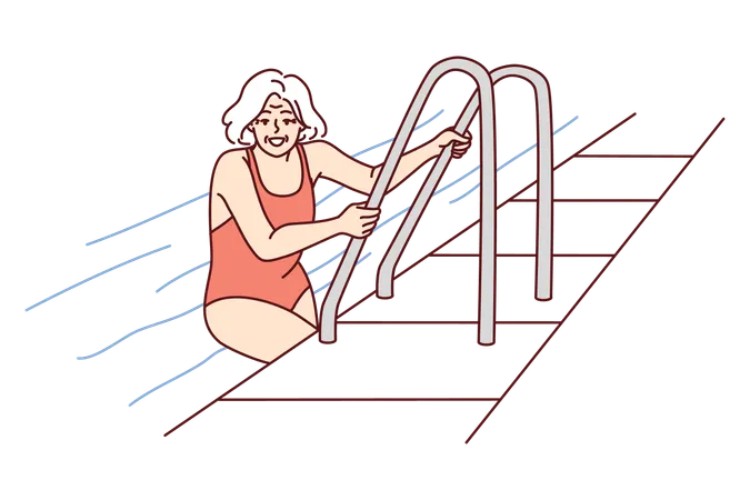 Elderly woman coming out of pool in hotel  Illustration