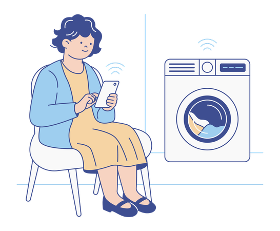Elderly Woman Controlling Smart Washing Machine with Smartphone  Illustration