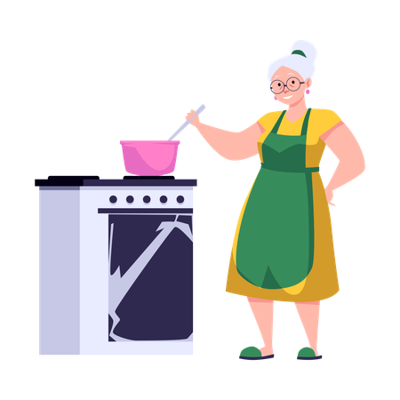 Elderly woman cooking jam in pan on the stove grandmother making fruit or berry jam dessert  Illustration