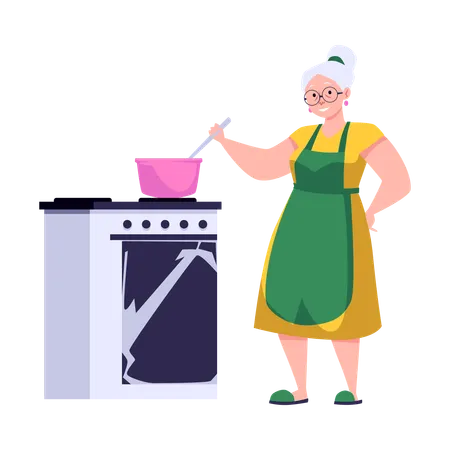 Elderly woman cooking jam in pan on the stove grandmother making fruit or berry jam dessert  Illustration