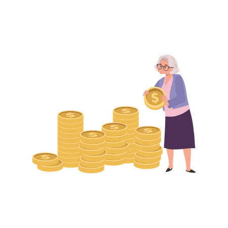 Finance And Investment Concept Elderly Woman Creating A Coin Stack For Savings And Retirement Illustration