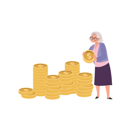 Elderly Woman Creating a Coin Stack for Savings and Retirement  Illustration