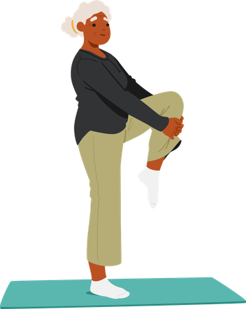 Elderly Woman Demonstrating Her Balance And Flexibility By Standing On One Leg  Illustration