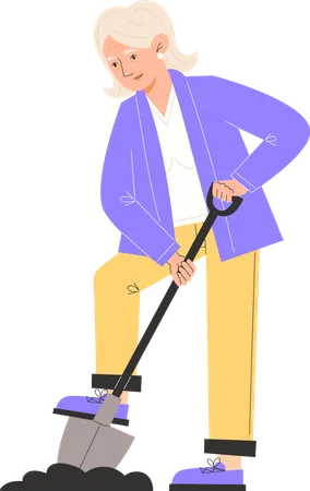 Elderly woman digs ground with a shovel  Illustration