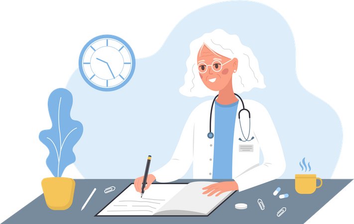 Elderly woman doctor writing medical prescription  Illustration