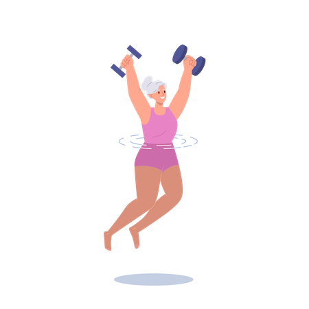 Elderly Woman Doing Aqua Exercise With Dumbbells In Pool Illustration