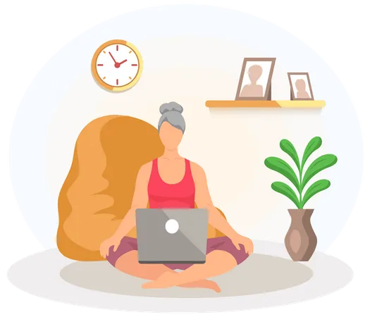 Elderly Woman With Closed Eyes Sits On Floor In Lotus Position With Computer Old Lady With Laptop Is Meditating With Her Legs Crossed Home Meditation Relaxation Yoga And Breathing Exercises Illustration