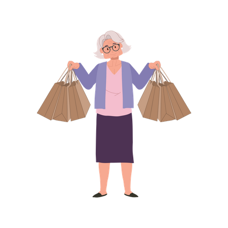 Elderly Woman Enjoying Shopping with Shopping Bags  Illustration