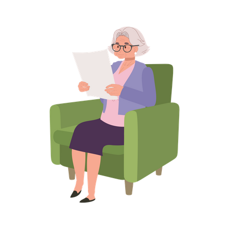 Elderly Woman Enjoying Tranquil Reading of Newspaper on Cozy Couch  일러스트레이션