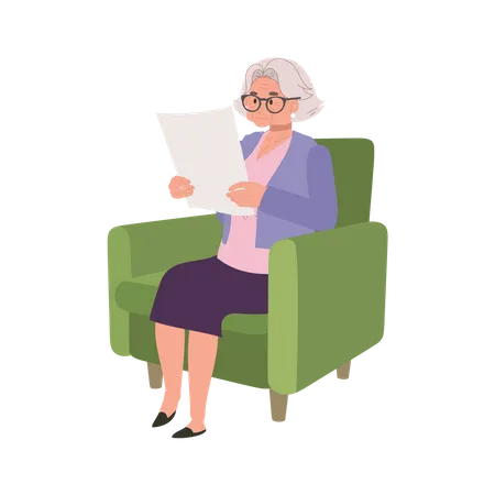 Elderly Woman Enjoying Tranquil Reading of Newspaper on Cozy Couch  イラスト