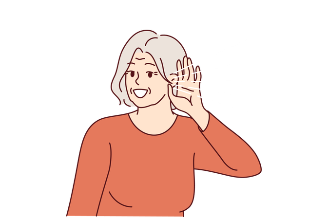 Elderly woman experiences deafness and puts hand to ear to hear interlocutor or neighbors  Illustration
