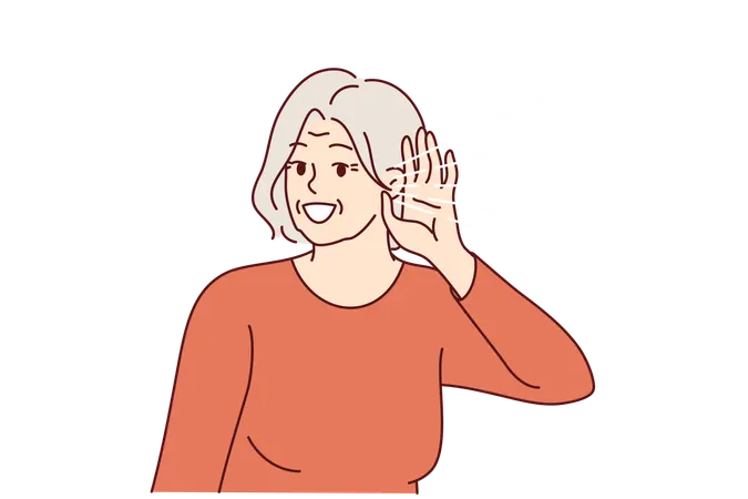Elderly woman experiences deafness and puts hand to ear to hear interlocutor or neighbors  Illustration