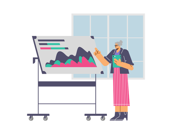 Elderly woman explaining business data  Illustration
