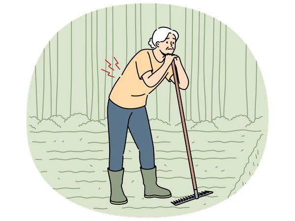Elderly woman farmer with bad back stands on plantation and leans on rake in need of doctor help  Illustration