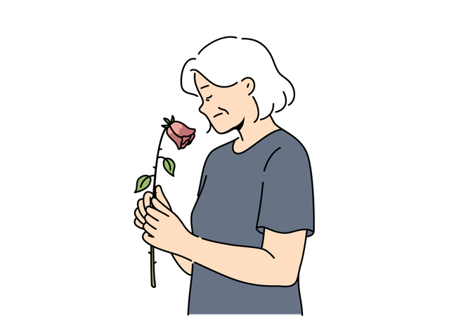 Elderly woman feels fading and weakening of health and holds withered rose in hand  Illustration