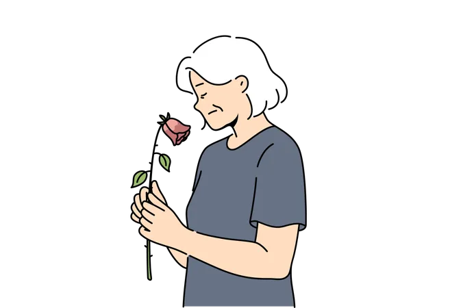 Elderly woman feels fading and weakening of health and holds withered rose in hand  Illustration