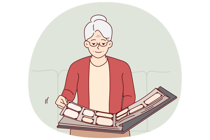 Elderly woman flips through family photo album, remembering student years  Illustration