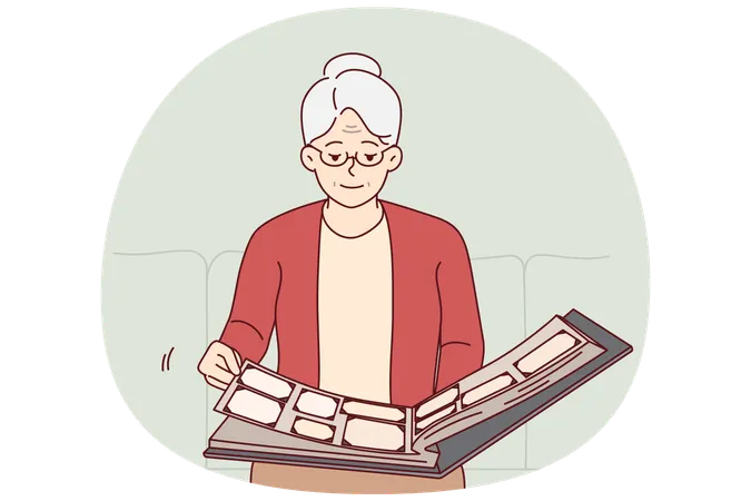 Elderly woman flips through family photo album, remembering student years  Illustration