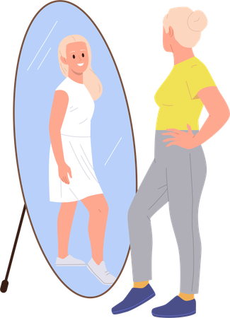 Elderly woman front of mirror with young girl reflection  Illustration