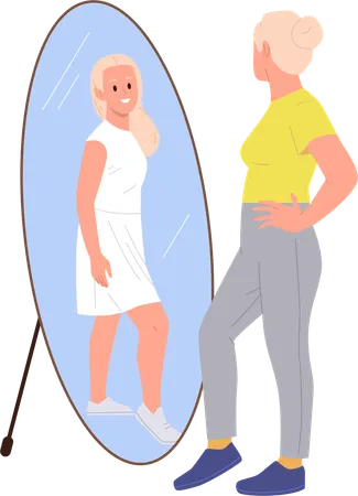 Elderly woman front of mirror with young girl reflection  Illustration