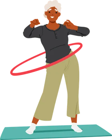 Elderly Woman Gracefully Hula Hooping On Yoga Mat  Illustration