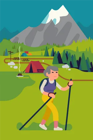 Elderly woman hiking or trekking in mountain Illustration